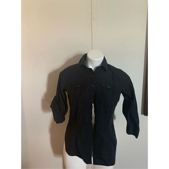 Van Heusen Women's Button Three Quarter Sleeve Button Down Shirt Black Size XS - Picture 1 of 7
